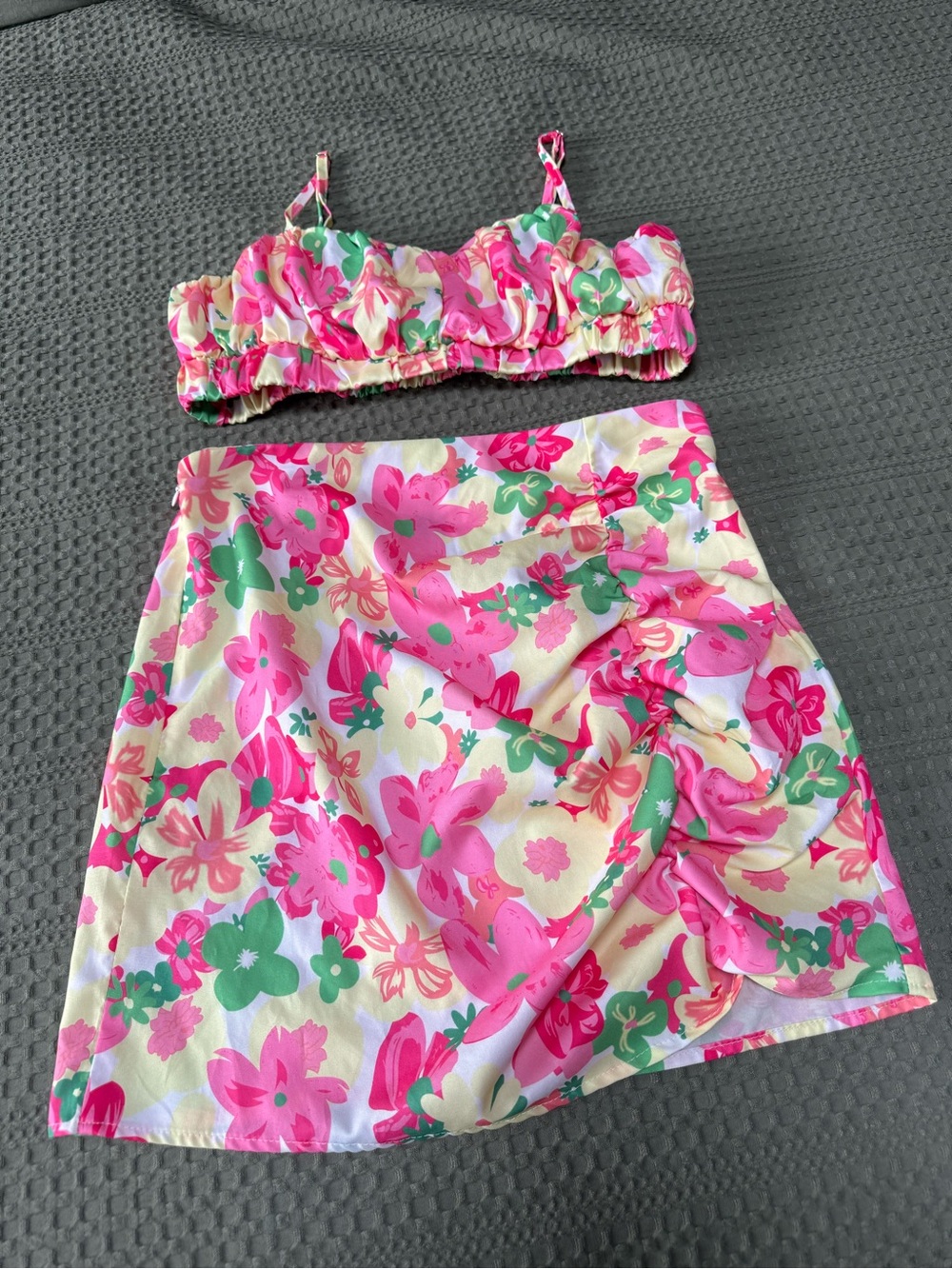 SHEIN Pink Green Floral Two-Piece Crop Top & Skirt Set